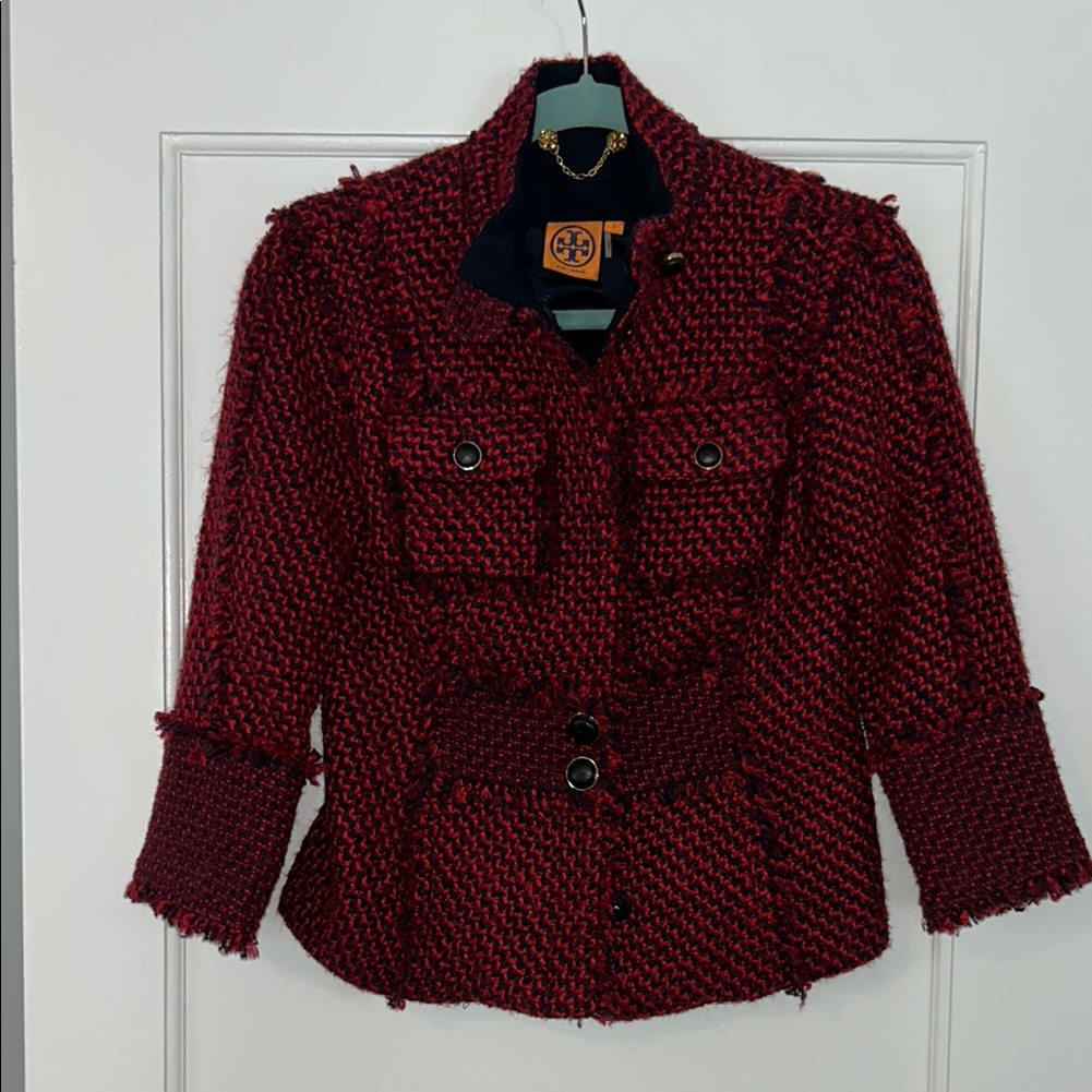 Tory Burch Women's Red And Navy Tweed Jacket